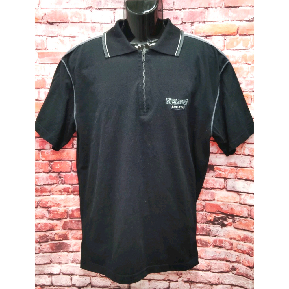 Spalding Athletic Polo Shirt Men's Black Pique Short Sleeve Performance 1/4 Zip